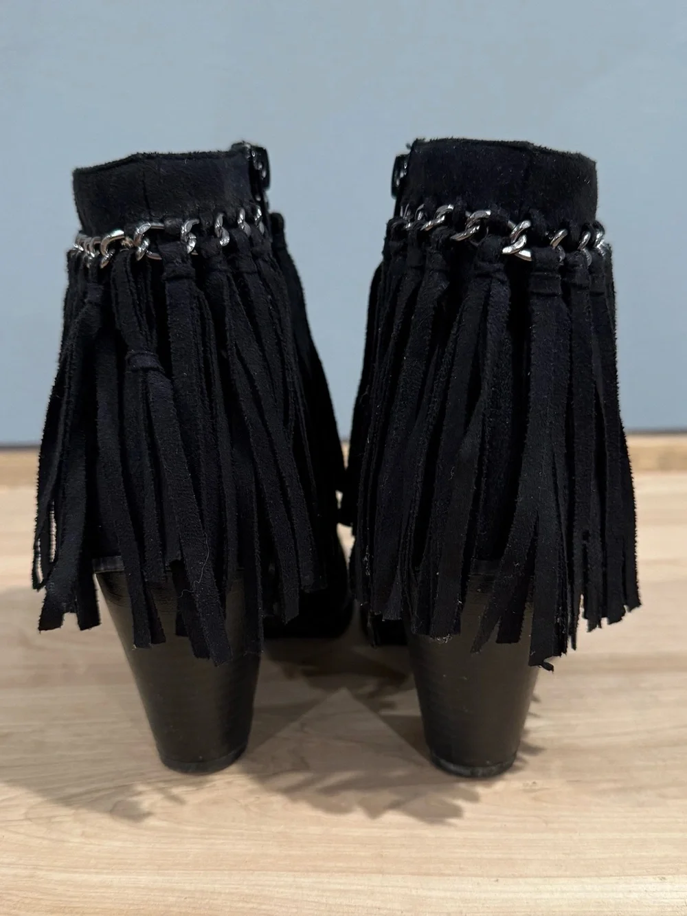 Pierre Dumas Black Fringe Ankle Booties with Chain Detail